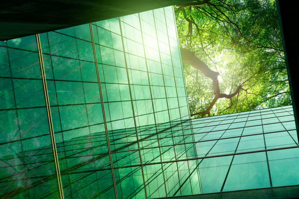 Sustainable Glass Office Building With Green Tree.