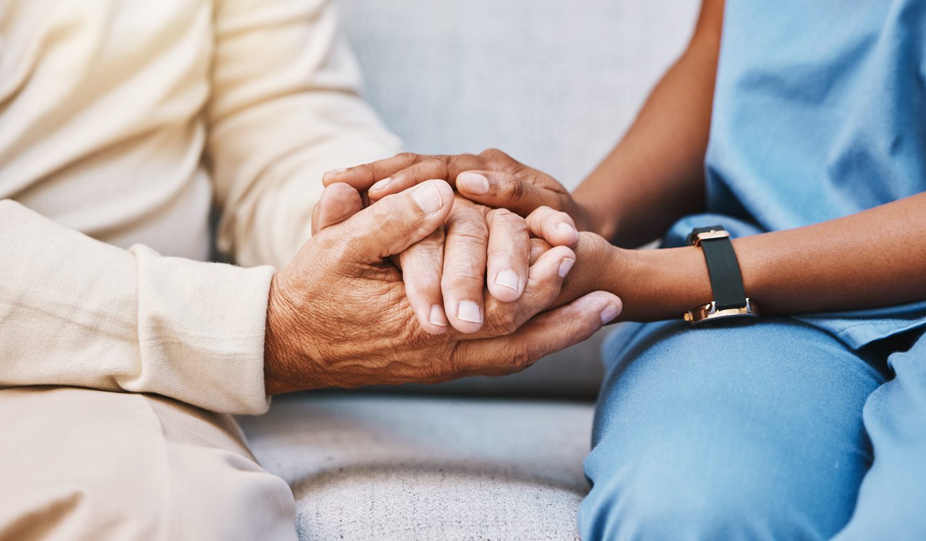 Nurse, Hands And Senior Patient In Empathy, Safety And Support Of Help, Trust And Healthcare Consulting. Nursing Home, C