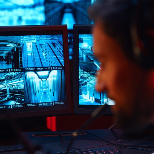 The Focus Of The Camera Is Focused On The Monitors Of The Security Service At The Moment When The Alarm Siren Is Working