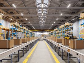 Close-Up Of Cardboard Boxes On Conveyor Belt In Distribution Warehouse