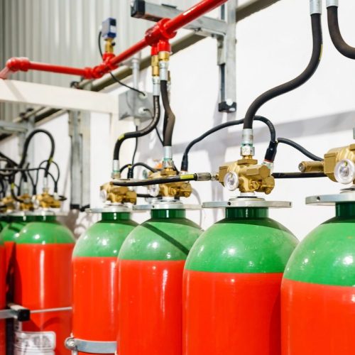 Hazard Fire Suppression System Of A Gas Fire Extinguishing. A Closeup Of The Fire Extinguishing System In An Office Buil