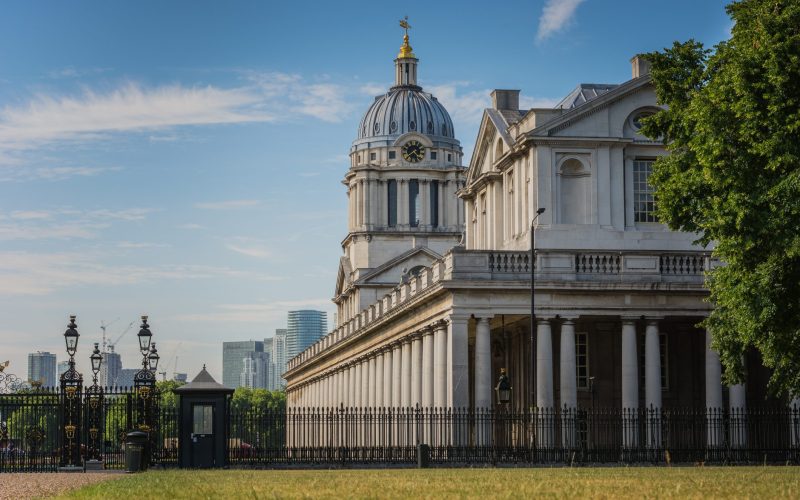 London University Of Greenwich Building with the city, skyscrapers in the background.