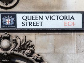 Street sign for Queen Victoria Street in the City of London, UK