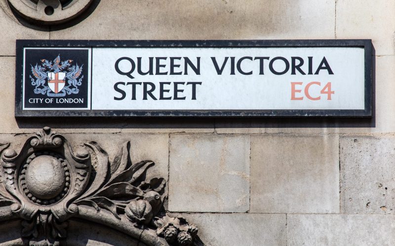Street sign for Queen Victoria Street in the City of London, UK