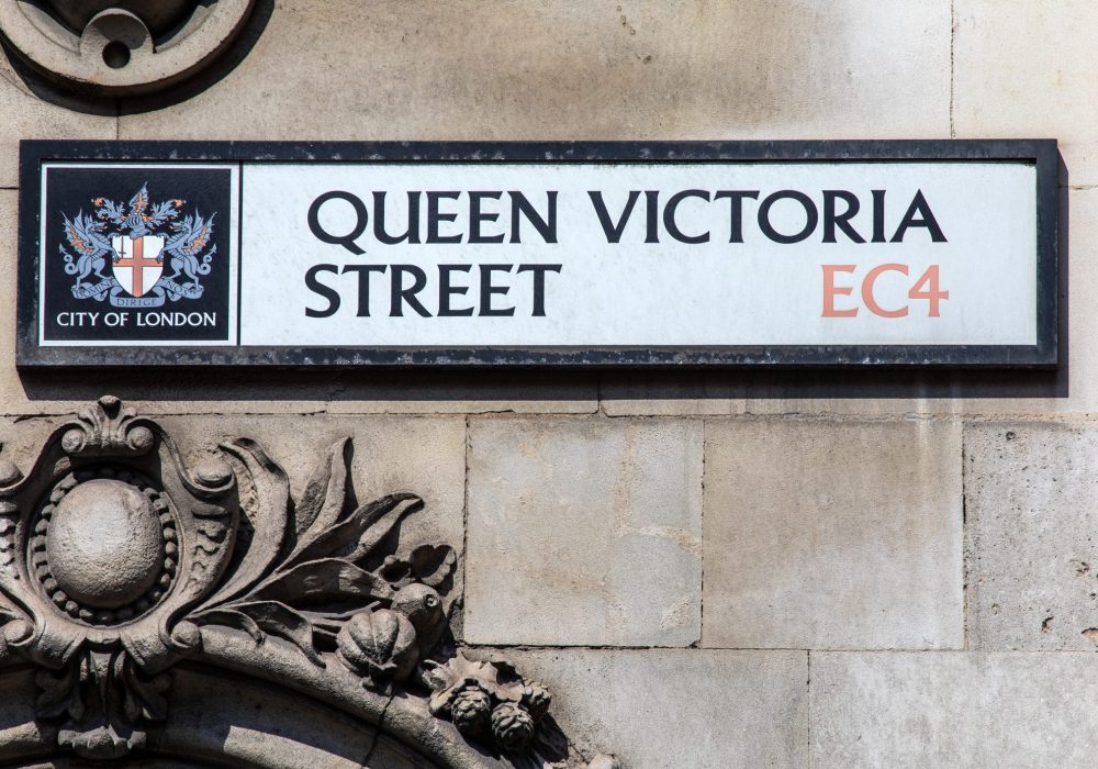 Street sign for Queen Victoria Street in the City of London, UK
