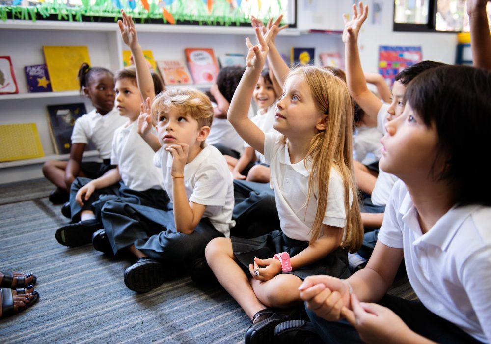 Diverse Group Of Young Students, Boys And Girls, Sit On The Floor In A Classroom Raising Hands.