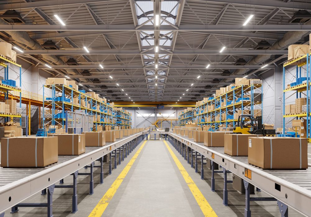 Close-Up Of Cardboard Boxes On Conveyor Belt In Distribution Warehouse